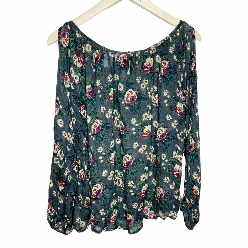 Natural Life Floral Cold Shoulder Semi Sheer Long Sleeve Top Size Medium - Picture 2 of 7